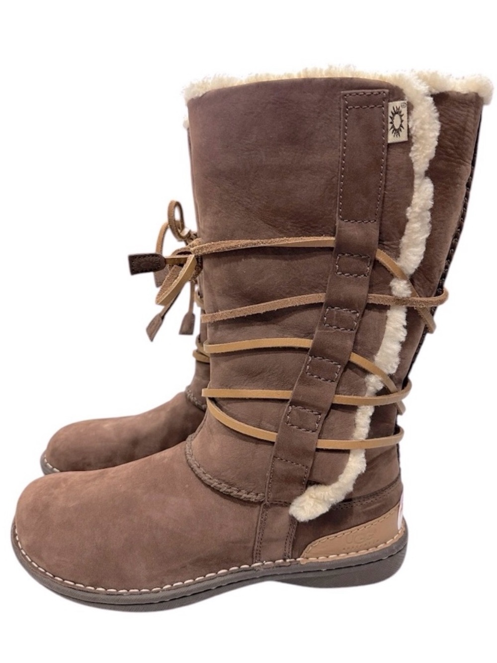 New! UGG Catalina 1634 Brown Suede Sheepskin Tall Wrap Boots Shearling W Size 7